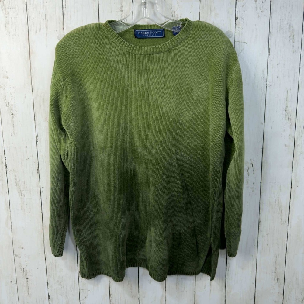 Karen Scott Women's Chenille Sweater Green Soft Cozy Textured Pullover Size M